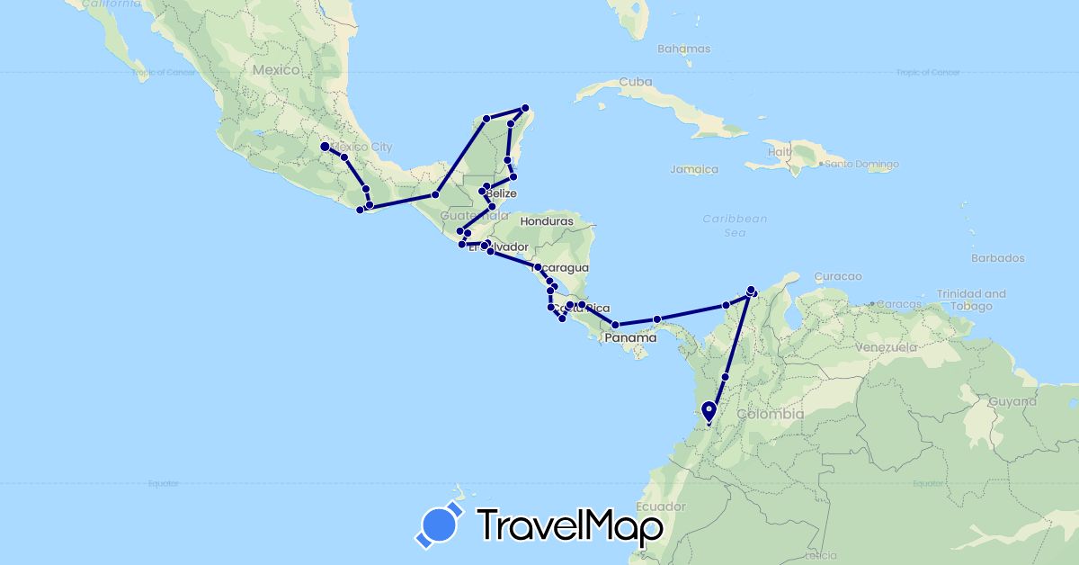 TravelMap itinerary: driving in Belize, Colombia, Costa Rica, Guatemala, Mexico, Nicaragua, Panama, El Salvador (North America, South America)